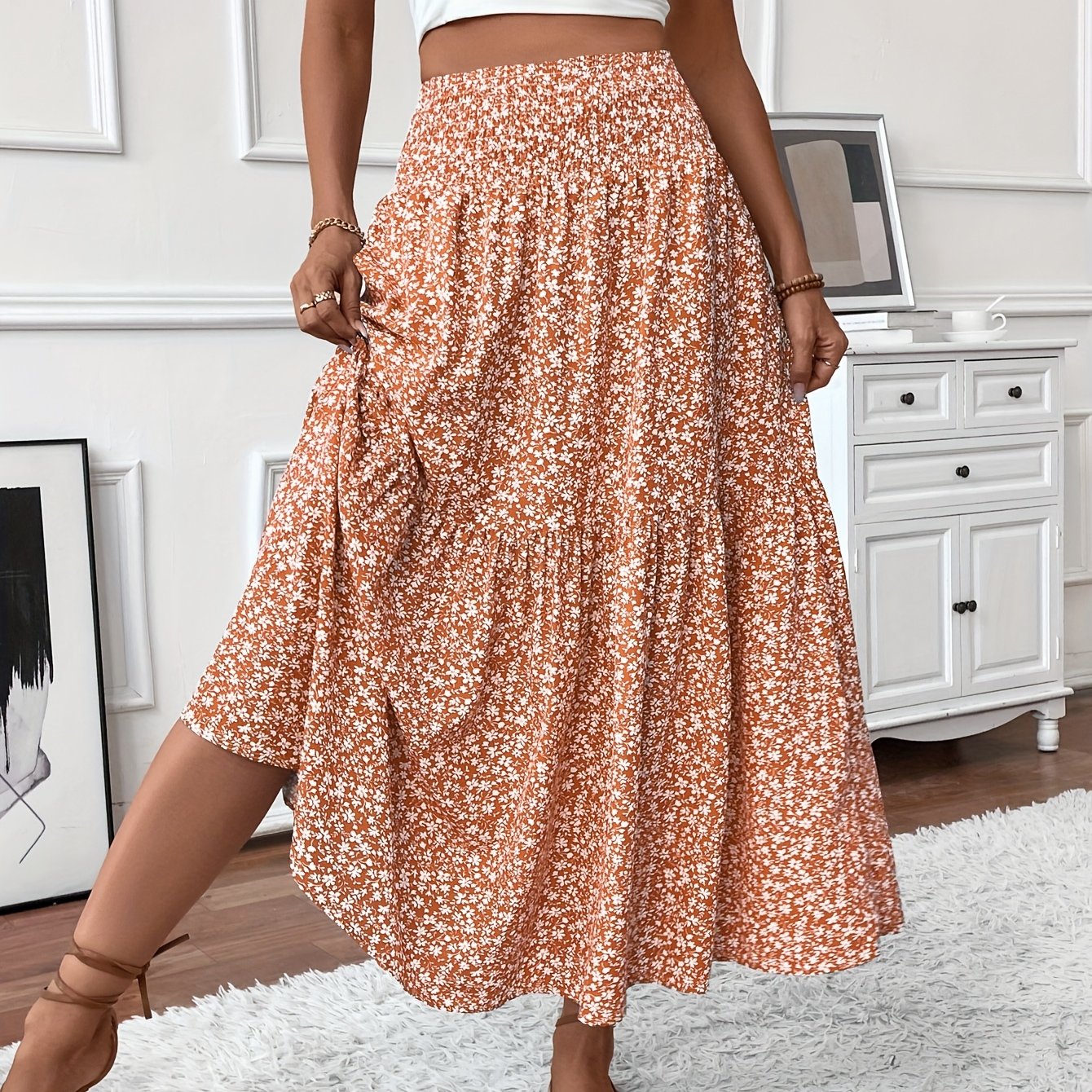 DP021742 Dames casual rok met elastische taille en zakken in ditsy bloemenmotief