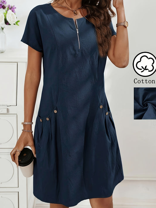 Women's Casual Midi Dress with Zipper and Pockets