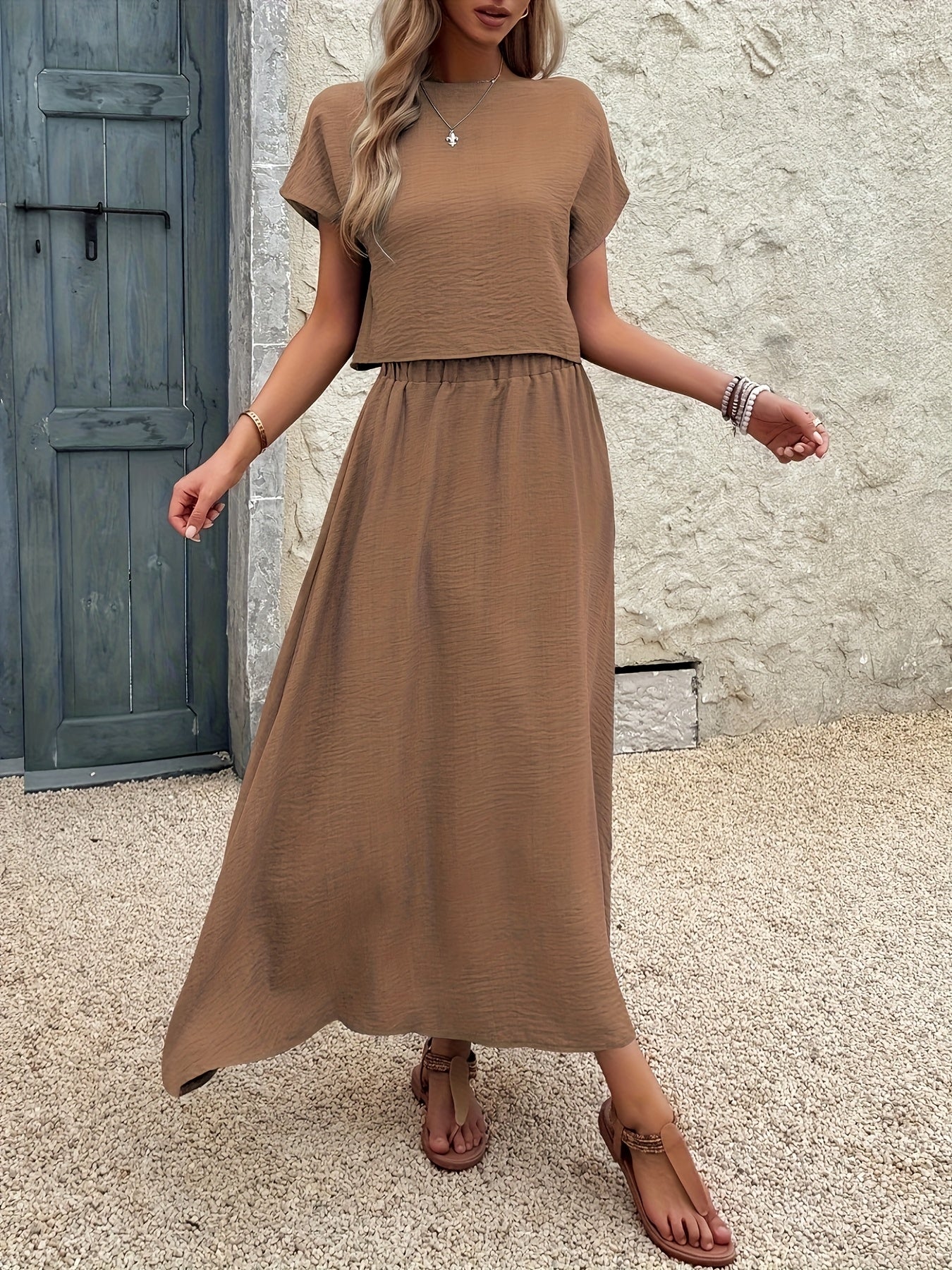 2-Piece Women's Solid Color Short Sleeve Top and Casual A-Line Skirt Set